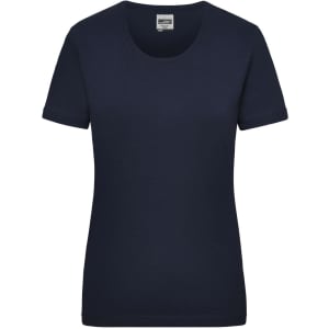 A navy blue women's work T-shirt with short sleeves, featuring a round neckline and a logo.