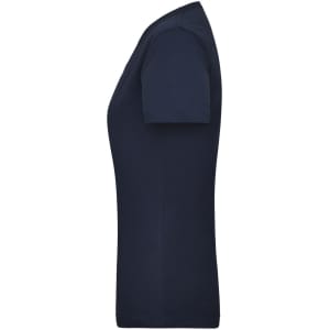 A navy work t-shirt for women, featuring short sleeves and a fitted design. Includes a branding logo.