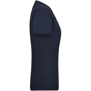 A navy blue women's work t-shirt featuring a fitted design and short sleeves. It has a branding logo.