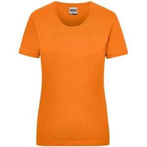 An orange women's work T-shirt featuring a round neckline and short sleeves, with a logo on the label.