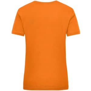 An orange women's work t-shirt with a plain back and a logo.