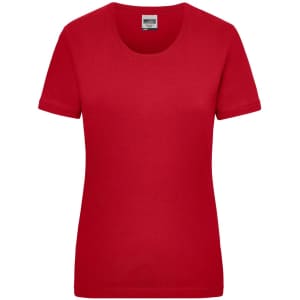A red short-sleeve women's work t-shirt with a round neckline and a logo on the label.