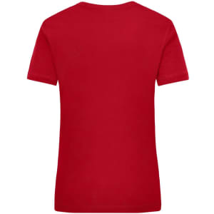 A red work T-shirt featuring a logo on the back. The shirt has a standard short-sleeve design.