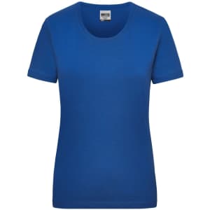 A blue short-sleeved women's t-shirt featuring a round neckline and a logo.