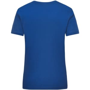 A blue women's work t-shirt with a plain back and a visible logo at the neckline.