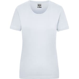 A light blue women's work t-shirt with a round neckline and short sleeves. It features a branding logo.
