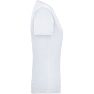 A white work t-shirt for women, showcasing a fitted design and short sleeves. It includes a logo on the fabric.