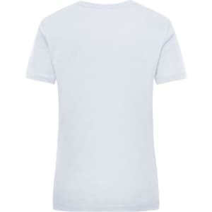 A plain light blue women's work t-shirt with a standard crew neck and short sleeves, featuring a logo.
