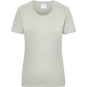A light grey women's work t-shirt with short sleeves and a round neckline, featuring a small logo on the neck.