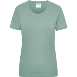 A light green women's work t-shirt with a round neck and short sleeves, featuring a brand logo.