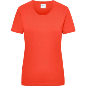 A bright orange women's work t-shirt with a rounded neckline and short sleeves, featuring a branding label.