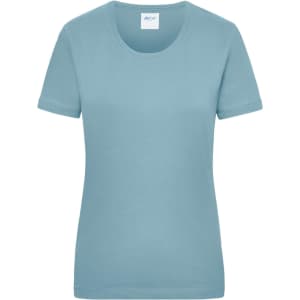 A women's short-sleeve t-shirt in a soft blue colour, featuring a round neck and a branding logo.