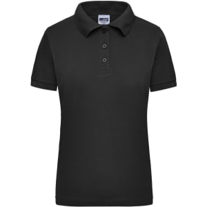 A black women's polo shirt featuring a collar and three buttons, with short sleeves and a fitted design.