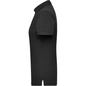 A black women's polo shirt with a classic collar and short sleeves, featuring a logo.