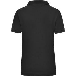 A black women's polo shirt with a collar, featuring a smooth fabric texture and a logo on the back.