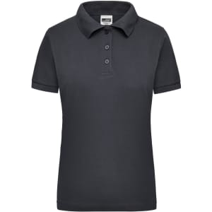 A dark grey women's polo shirt with a collar and button placket, featuring short sleeves. It has a logo on the label.