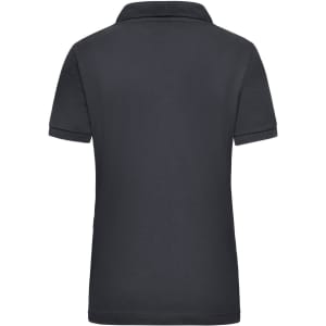 A black women's work polo shirt with a classic collar and short sleeves, featuring a logo on the back.