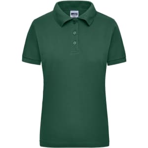 A green women's polo shirt with a collar and short sleeves, featuring buttons and a branding label.