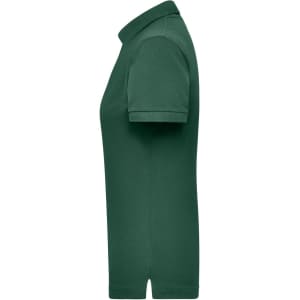 A green women's polo shirt displayed from the side, featuring a collar and short sleeves, with a logo on the chest.