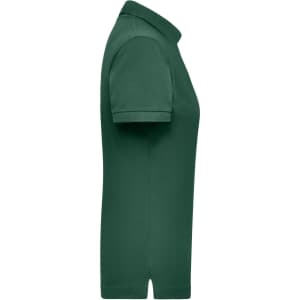 A green women’s polo shirt featuring a collar and short sleeves, displayed from the side. It includes a logo.