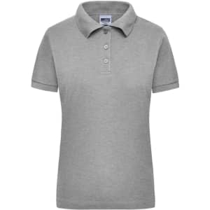 A grey women's polo shirt with a collar and three buttons, featuring a logo on the chest.
