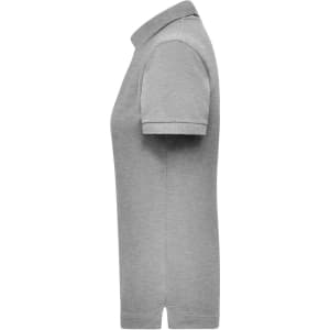 A grey women's polo shirt with short sleeves and a collar, featuring a logo.