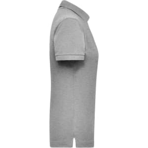 A grey women's polo shirt with a collar and short sleeves, featuring a logo on one side.