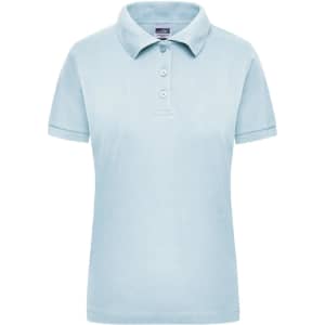 A light blue women's polo shirt with a collar and three buttons, featuring a small branding logo.