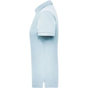 A light blue women's polo shirt with a classic collar and short sleeves, featuring a small logo.