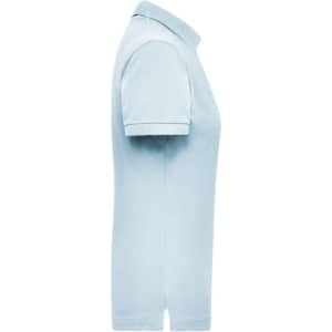 A light blue women's work polo shirt featuring short sleeves and a collar. It has a branding logo on the side.