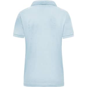 A light blue women's polo shirt with a collar, featuring a logo on the back.