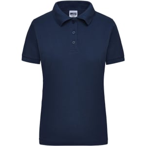 A women's work polo shirt in navy blue with a collared neckline and short sleeves. It features a logo.