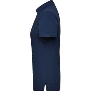 A navy blue women's work polo shirt with a classic collar and short sleeves, featuring a branded logo.