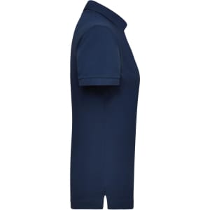 A navy blue work polo shirt for women featuring short sleeves and a collar, displaying a subtle logo.