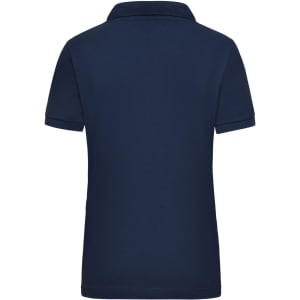 A navy blue women's polo shirt featuring a classic collar and short sleeves, with a logo on the back.
