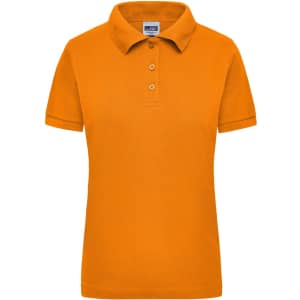 An orange women's work polo shirt featuring a classic collar and three-button placket, with a logo present.