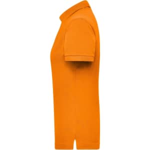An orange women's polo shirt with a collar and short sleeves, featuring a logo.
