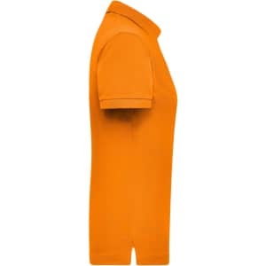 An orange women's polo shirt featuring a collar and short sleeves, displayed from the side.