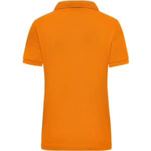 An orange women's polo shirt with a collar, featuring a logo on the back.