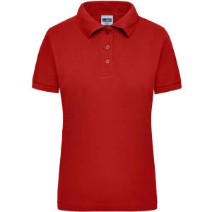 A red women's polo shirt featuring a collar and three buttons, with a logo on the chest area.