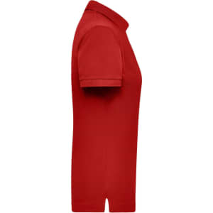 A red women's polo shirt with a collar and short sleeves, featuring a logo on the side.