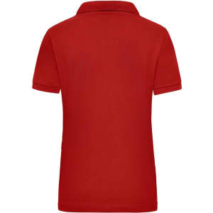 A red women's work polo shirt with a classic collar and a seamless back design, featuring a logo.
