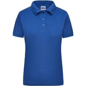 A blue women's polo shirt with a collar and short sleeves, featuring a logo on the left.