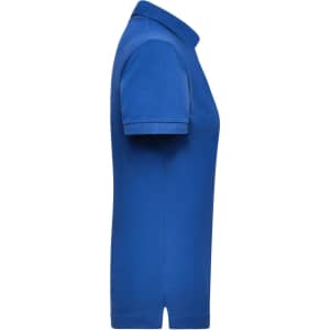 A blue women's work polo shirt featuring a collar and short sleeves, with a logo on the side.