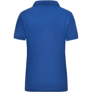 A blue women's polo shirt featuring a collar and short sleeves, with a logo on the back.