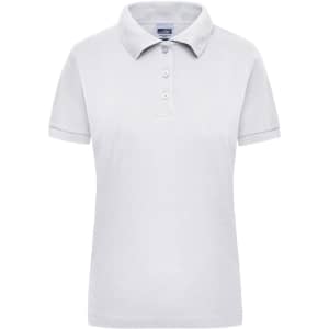 A light grey women’s polo shirt with a collar and three buttons. It features a logo on the chest.