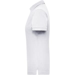 A white women's polo shirt with a classic collar and short sleeves, featuring a small logo.