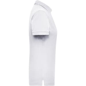 A white women's polo shirt with short sleeves and a collar, featuring a logo on the side.