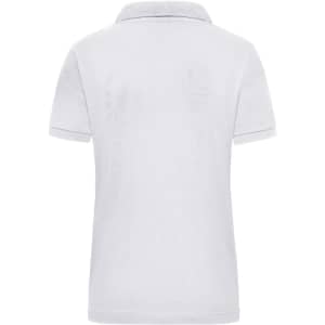 A white women's polo shirt with a collar and short sleeves, featuring a logo. Back view shown.