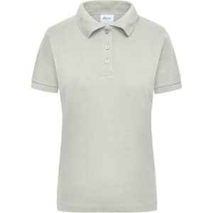 A light grey women's polo shirt with a collar and three buttons, featuring a logo.